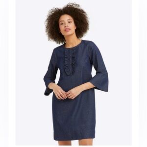 Draper James Chambray Ruffle Shift Dress Size 12 100% Cotton Natural Cottagecore